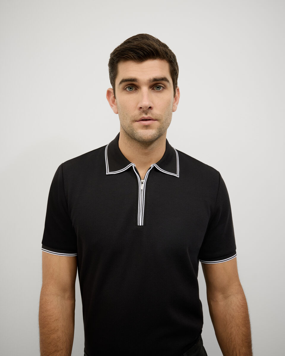 Textured Zip Collar Polo, Black, hi-res